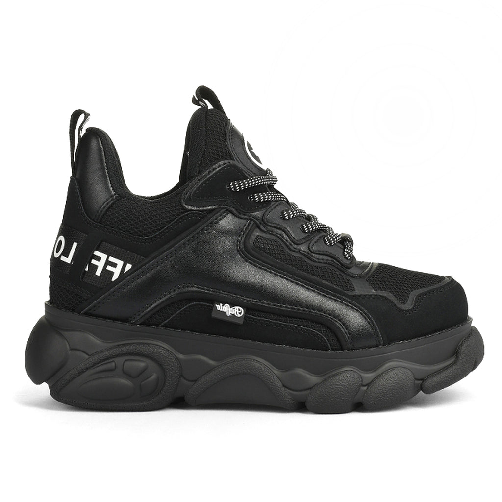 BUFFALO: Vegane Plateau-Sneakers für Damen CLD Chai schwarz mit weißer Schrift