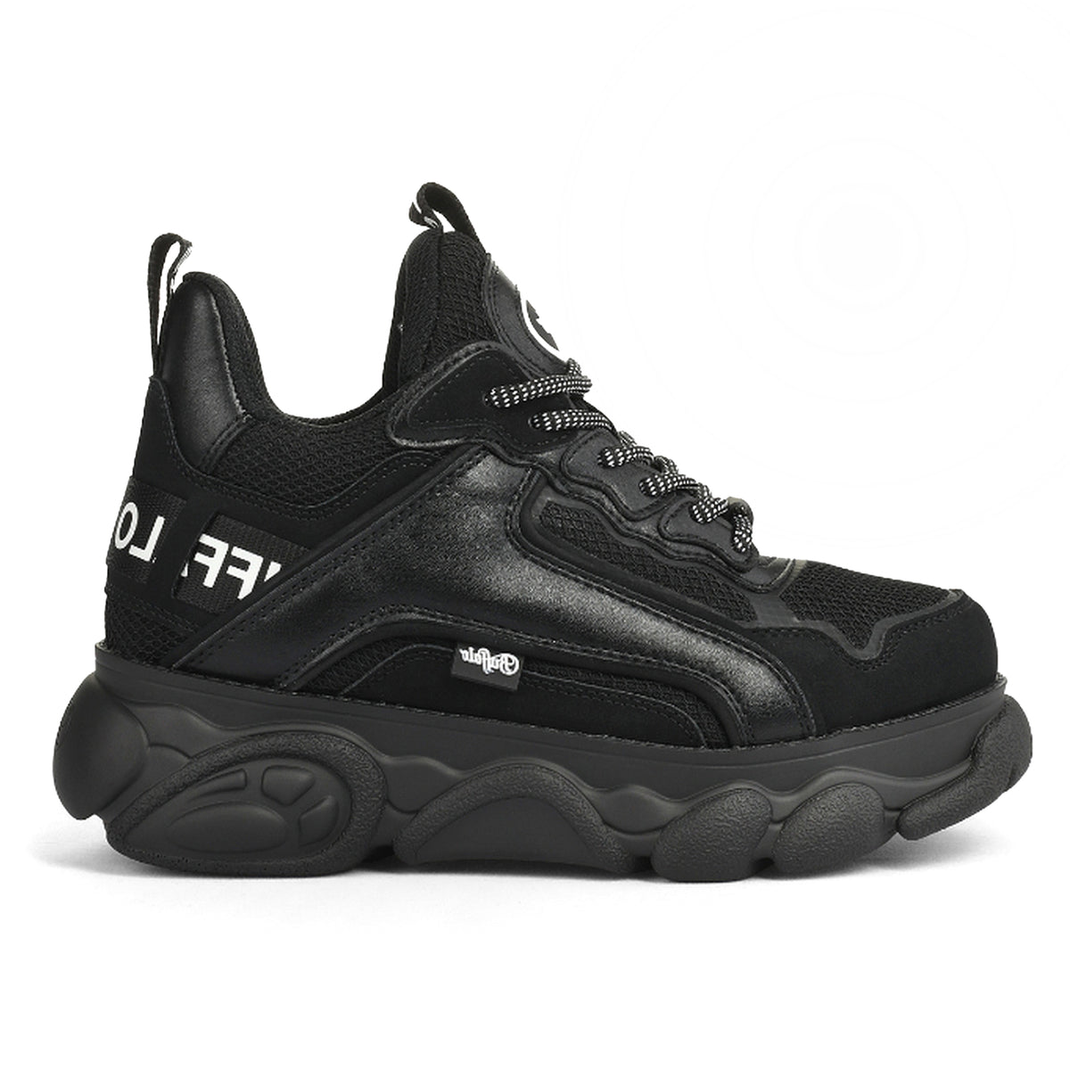BUFFALO: Vegane Plateau-Sneakers für Damen CLD Chai schwarz mit weißer Schrift