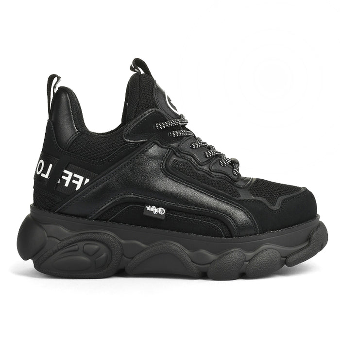 BUFFALO: Vegane Plateau-Sneakers für Damen CLD Chai schwarz mit weißer Schrift