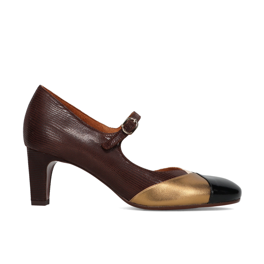 CHIE MIHARA: Frysa pumps in burgundy leather with lizard print, gold and black patent leather, featuring a mid heel and strap