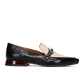 CHIE MIHARA: Gildo women's moccasin in black crocodile-print leather with ivory and burgundy patent leather and bit detail