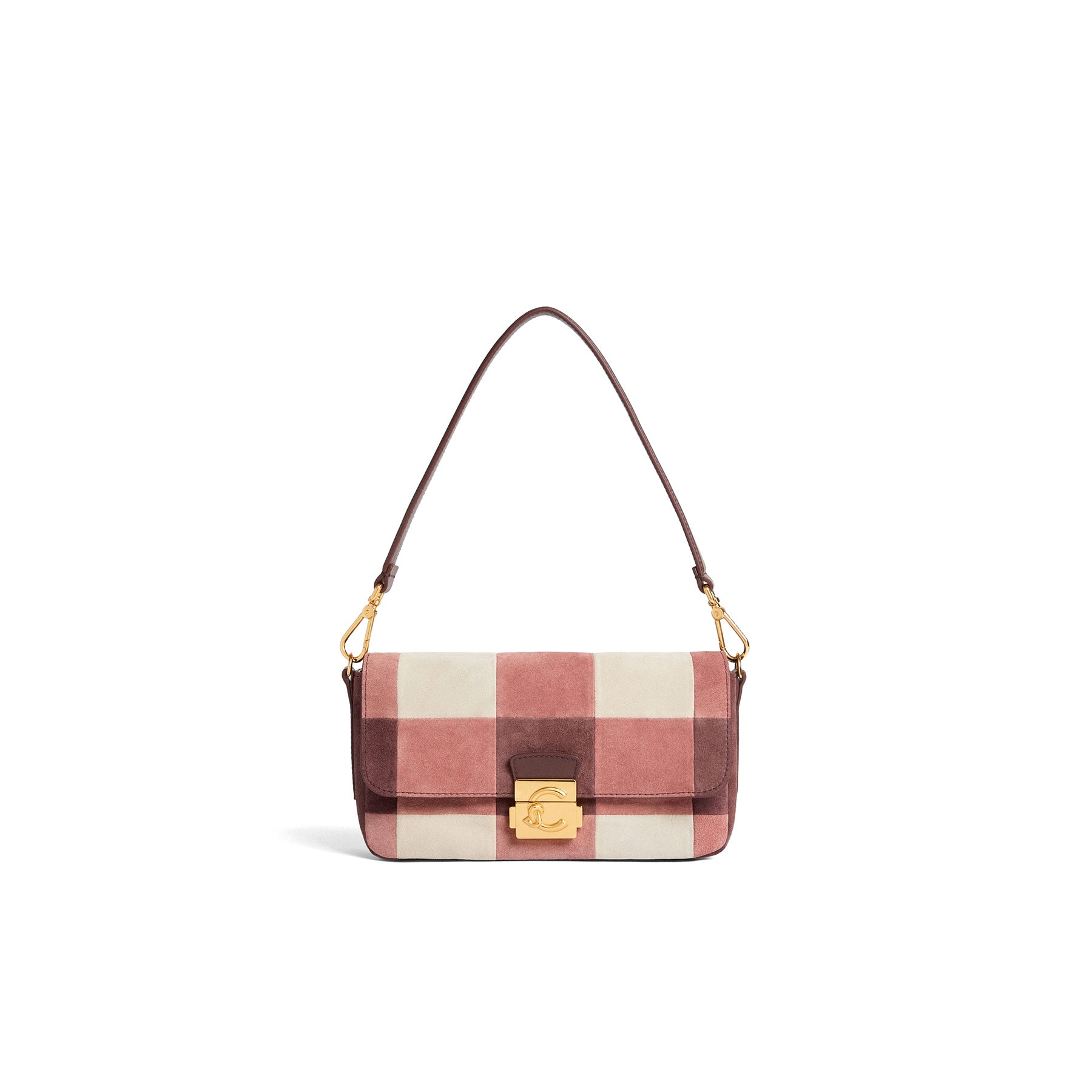 COCCINELLE: Bolso mediano C-Me Lock en ante rosa y frambuesa con acabado patchwork vichy