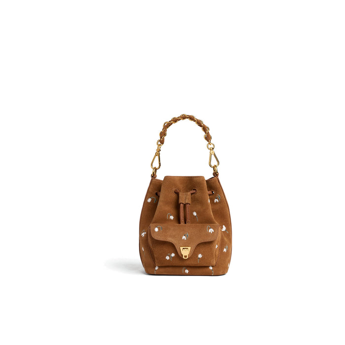 COCCINELLE: Bolso saco pequeño Beat Generation en ante cognac con bordado de motivo floral