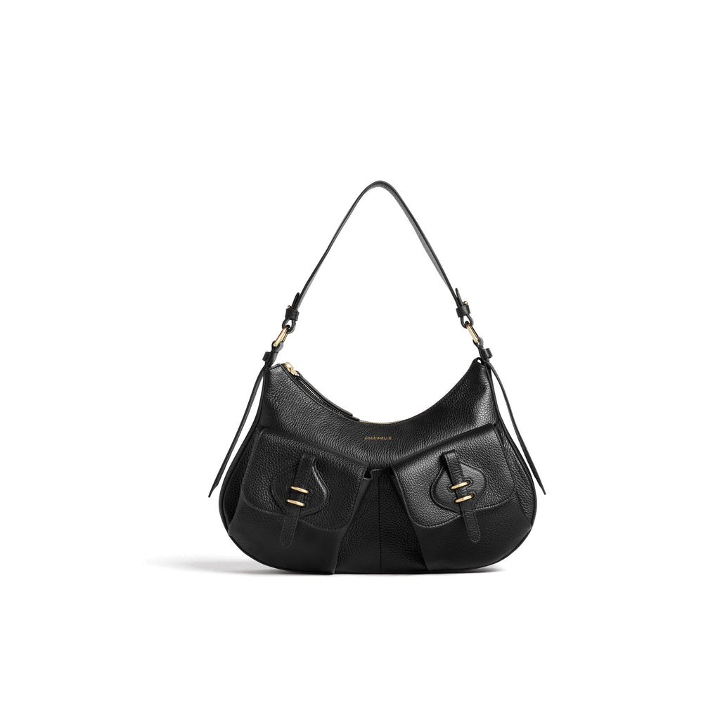 COCCINELLE: Mittelgroße Damen-Schultertasche Mavery Pocket aus schwarzem gehämmertem Leder
