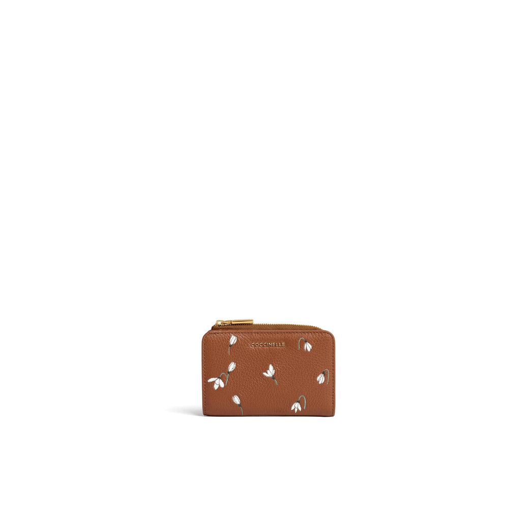 COCCINELLE: Kleine Geldbörse Metallic in Cognac mit Schneeglöckchen-Blumenstickerei