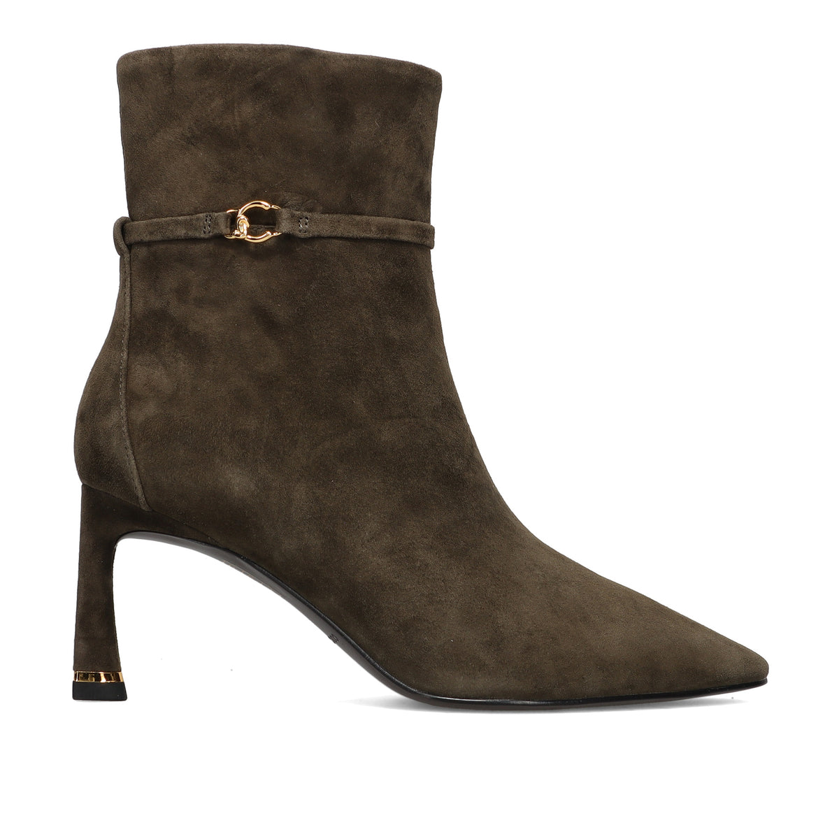 COCCINELLE: Dames enkellaars C-look van taupe suède met hoge hak