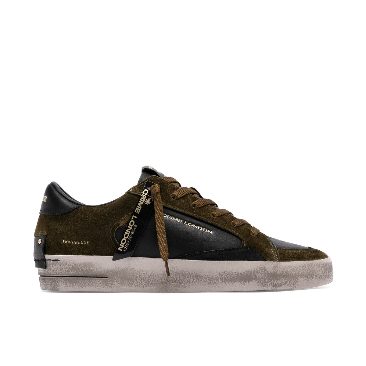 Crime London: Herren-Sneakers Skate aus schwarzem Leder und grünem Wildleder