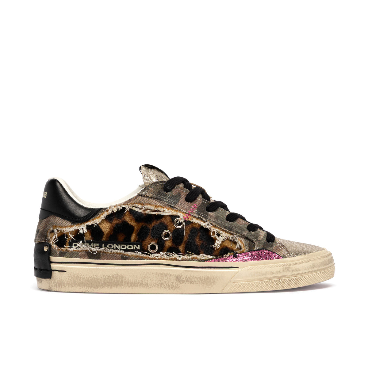 Crime London: Women's Deconstructed sneakers in spotted pony hair and vintage camouflage denim