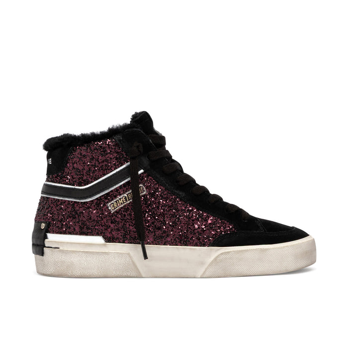 Crime London: Damen-Sneaker Recut High Top aus schwarzem Wildleder und violett-blaubeerfarbenem Glitzer mit Teddyfutter