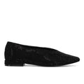 CRISTIN: Elegant women's flat pointed-toe shoe in fabric with black rhinestones and V-neckline