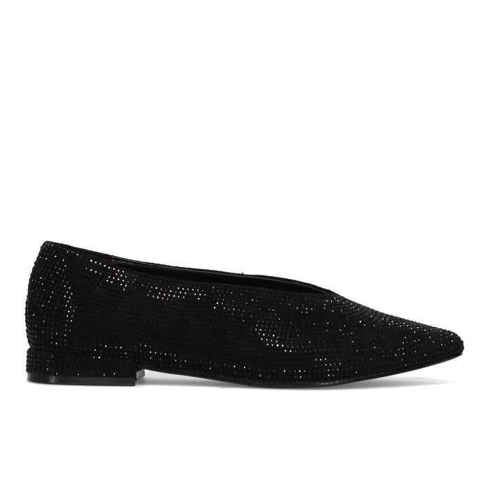 CRISTIN: Elegant women's flat pointed-toe shoe in fabric with black rhinestones and V-neckline