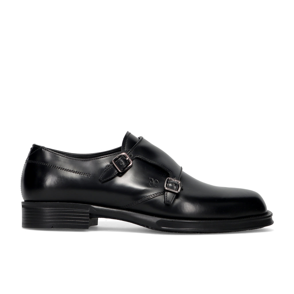 FABI: Chaussure élégante à double boucle pour homme en cuir brossé noir