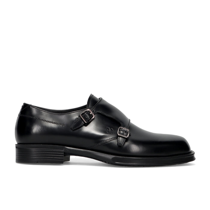FABI: Elegant men's double monk strap shoe in black brushed leather
