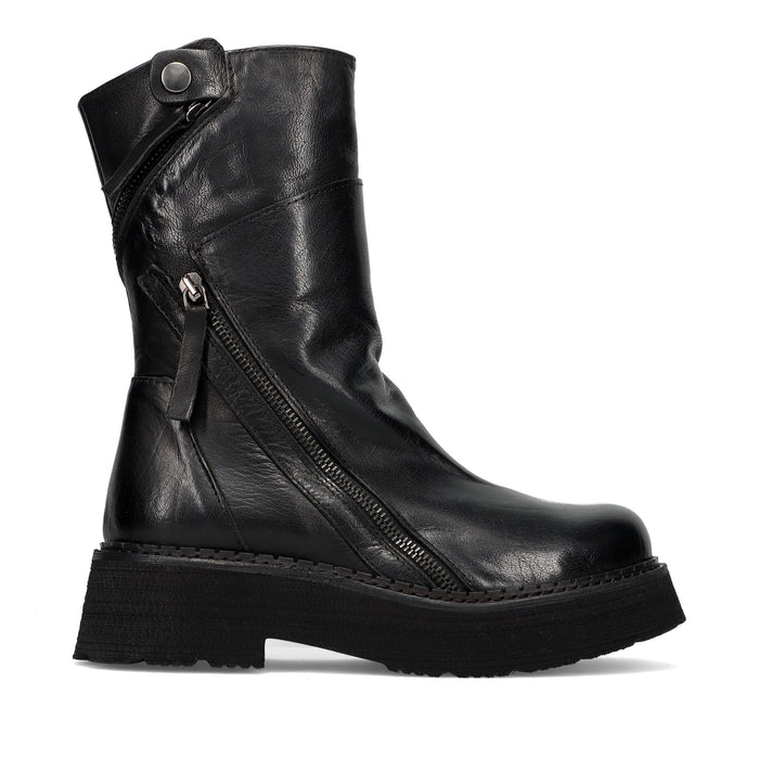 History541: Bottine femme en cuir noir souple avec zip diagonale et semelle haute super légère