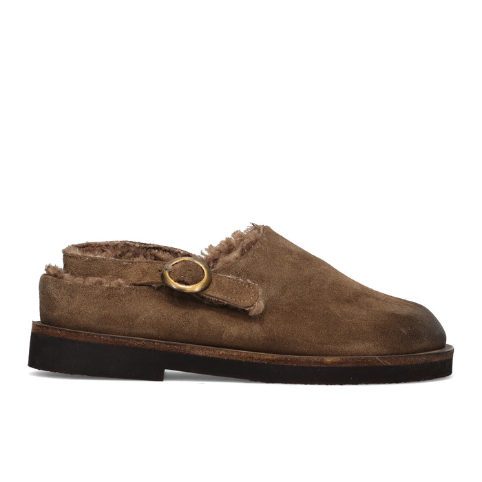 History541: Platte dames-slingbacks van lichtbruin suède met voering van ecobont