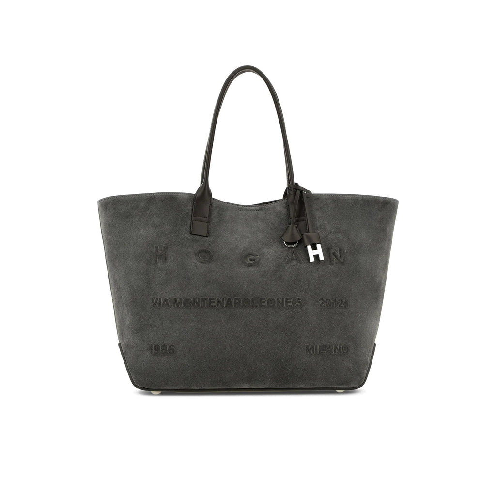 Hogan: Shopping Address Medium Bag in Grey Suede and leather with embossed logo