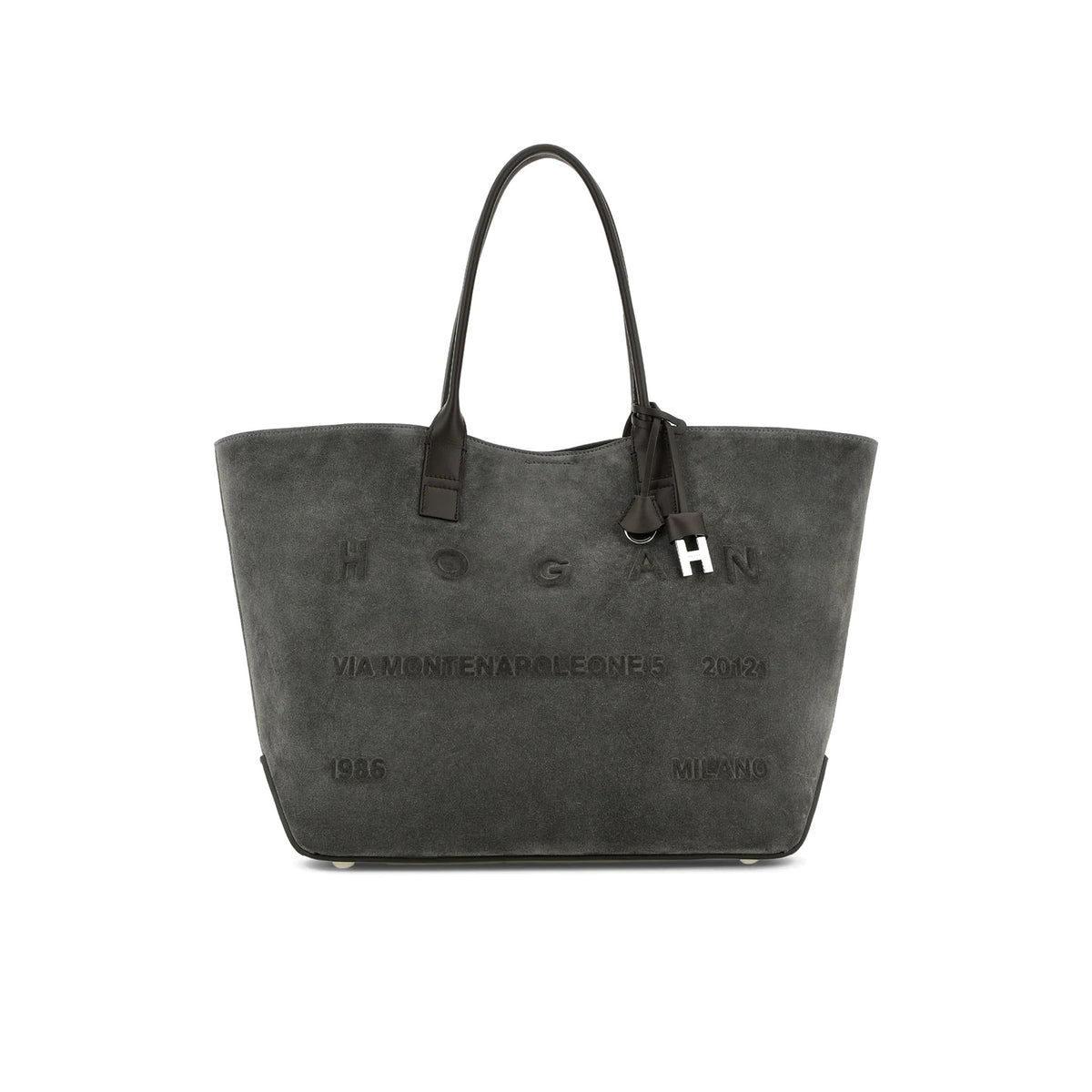 Hogan: Shopping Address Medium Bag in Grey Suede and leather with embossed logo