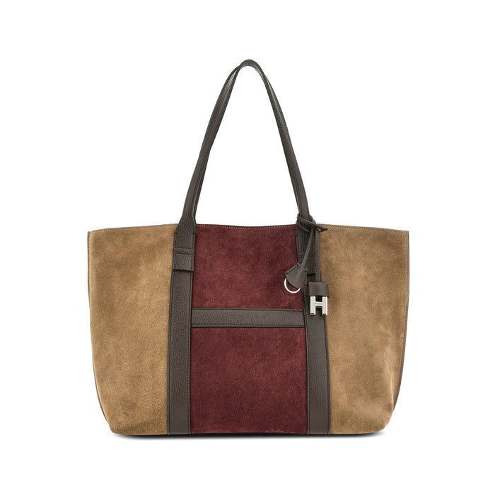 Hogan: Shopping Bag Script Medium aus Wildleder in Hellbraun und Bordeaux