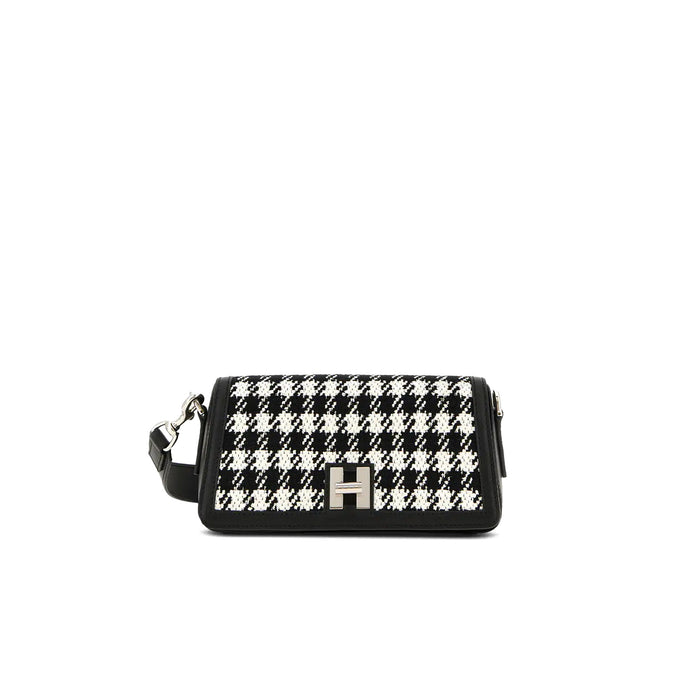 Hogan: Handtasche Flap H-Turn Mini Schwarz-Weiß aus Leder mit Stoffeinsatz im Pied-de-Poule-Muster