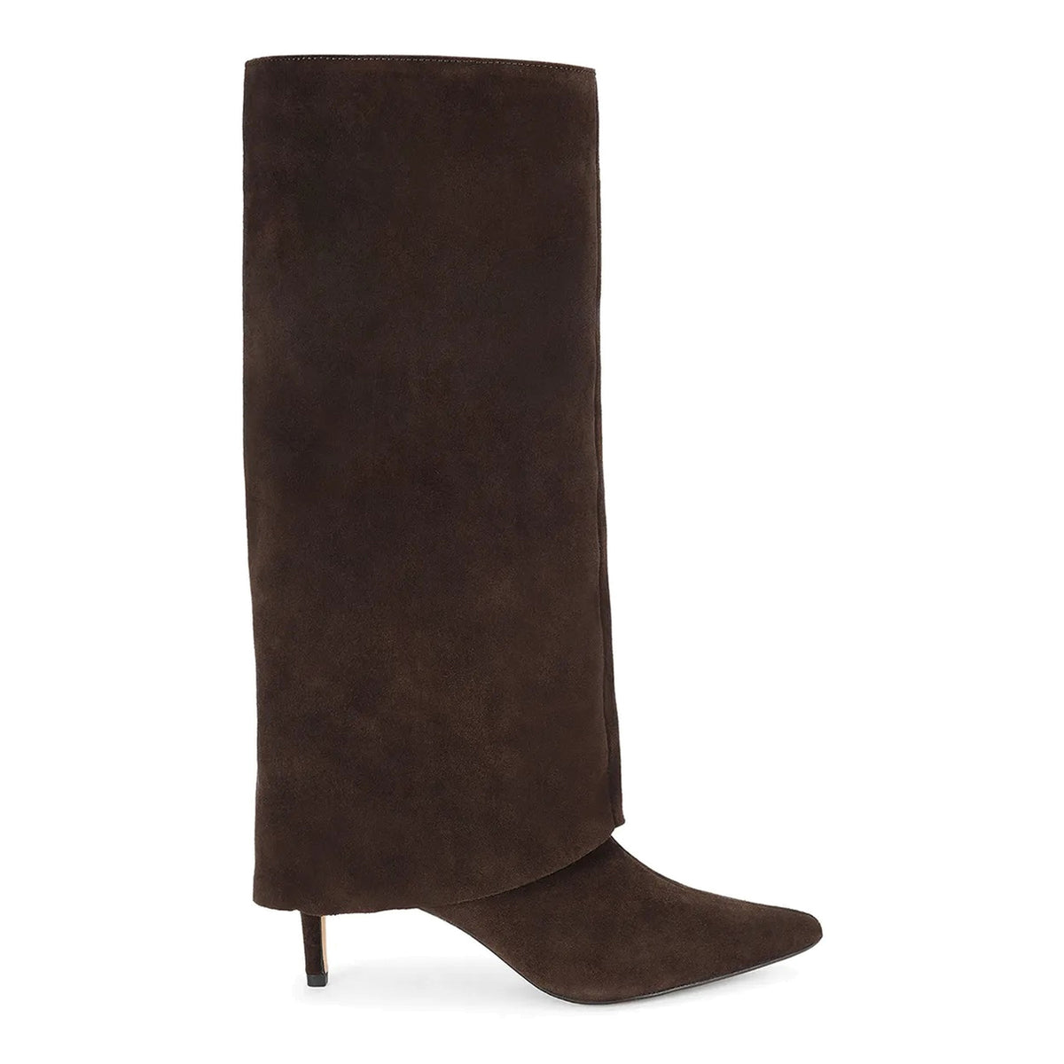 Kurt Geiger: Bota de mujer Maggie en piel de ante marrón con caña vuelta y tacón alto