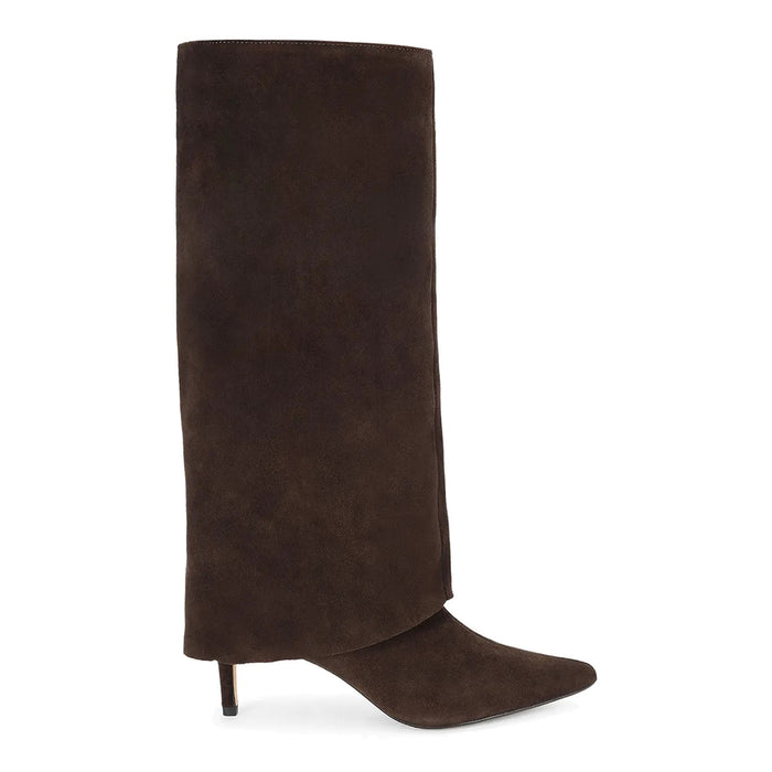 Kurt Geiger: Bota de mujer Maggie en piel de ante marrón con caña vuelta y tacón alto