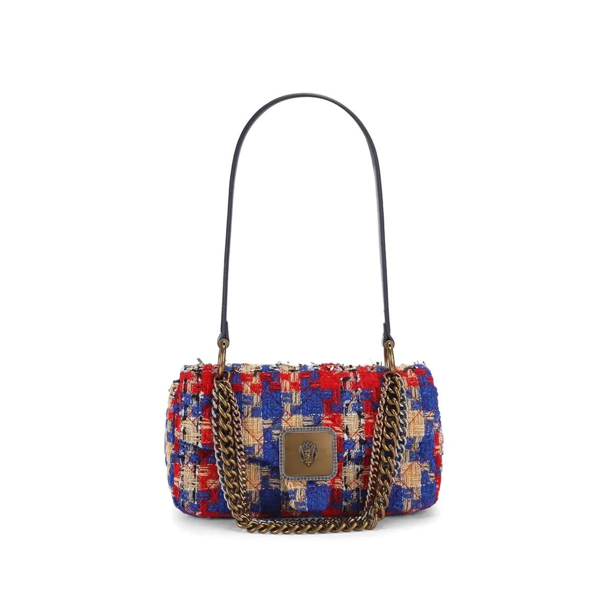 Kurt Geiger: Pimlico Schultertasche aus rotem, blauem und cremefarbenem Tweed mit goldenen Fäden und Adlerkopf aus