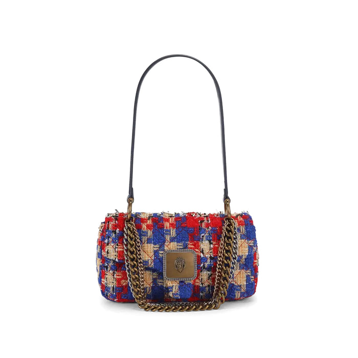 Kurt Geiger: Bolso de hombro Pimlico en tweed rojo, azul y crema con hilos dorados y cabeza de águila en latón envejecido