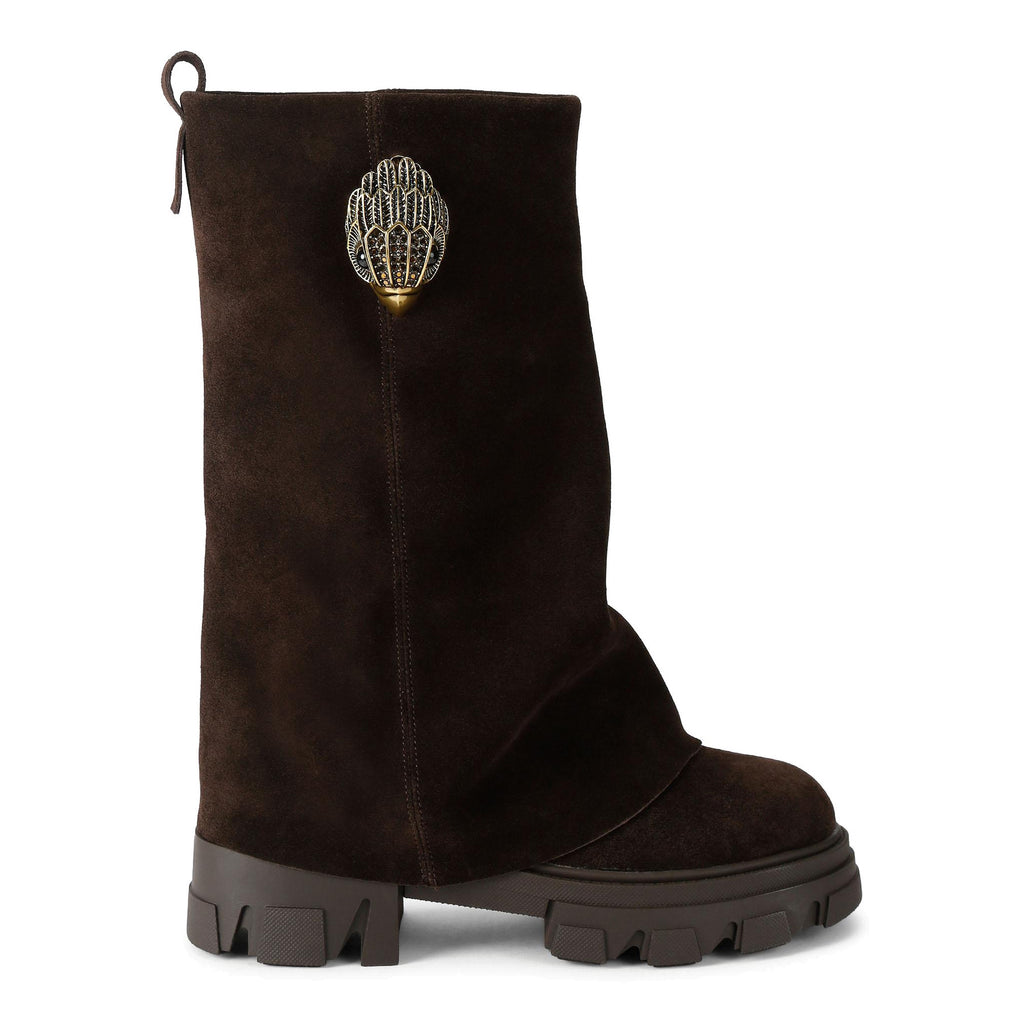 Kurt Geiger: Bota de mujer Stomp en ante marrón oscuro con caña vuelta