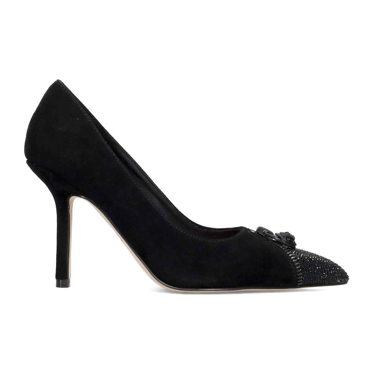 Kurt Geiger: Zip Court pump in zwart suède met rits, strass en hoge hak