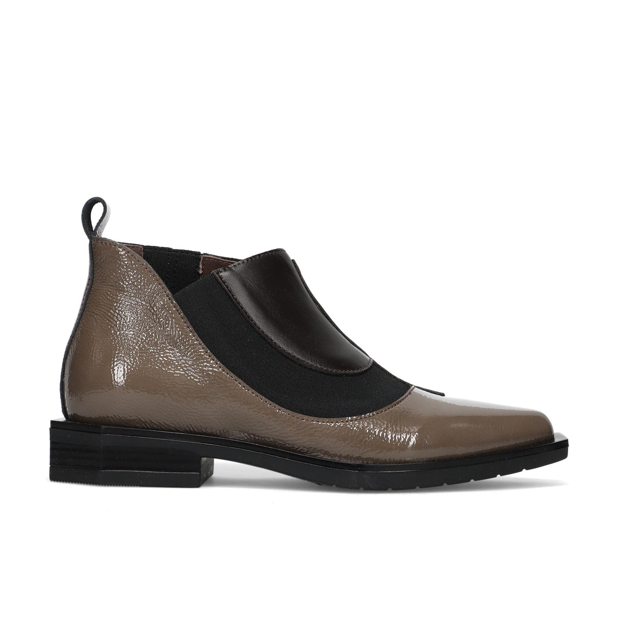 LE BOHEMIEN: Damenstiefelette aus weichem dunkelbraunem Leder und taupefarbenem Naplak mit Gummizug