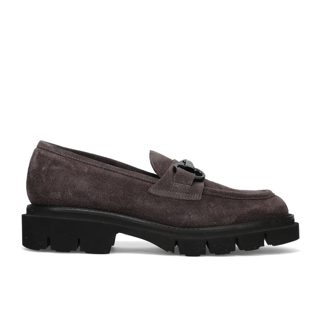 LUCA GROSSI: Damenschuh aus weichem, wasserabweisendem grauem Wildleder mit Gebiss-Detail und Gummisohle