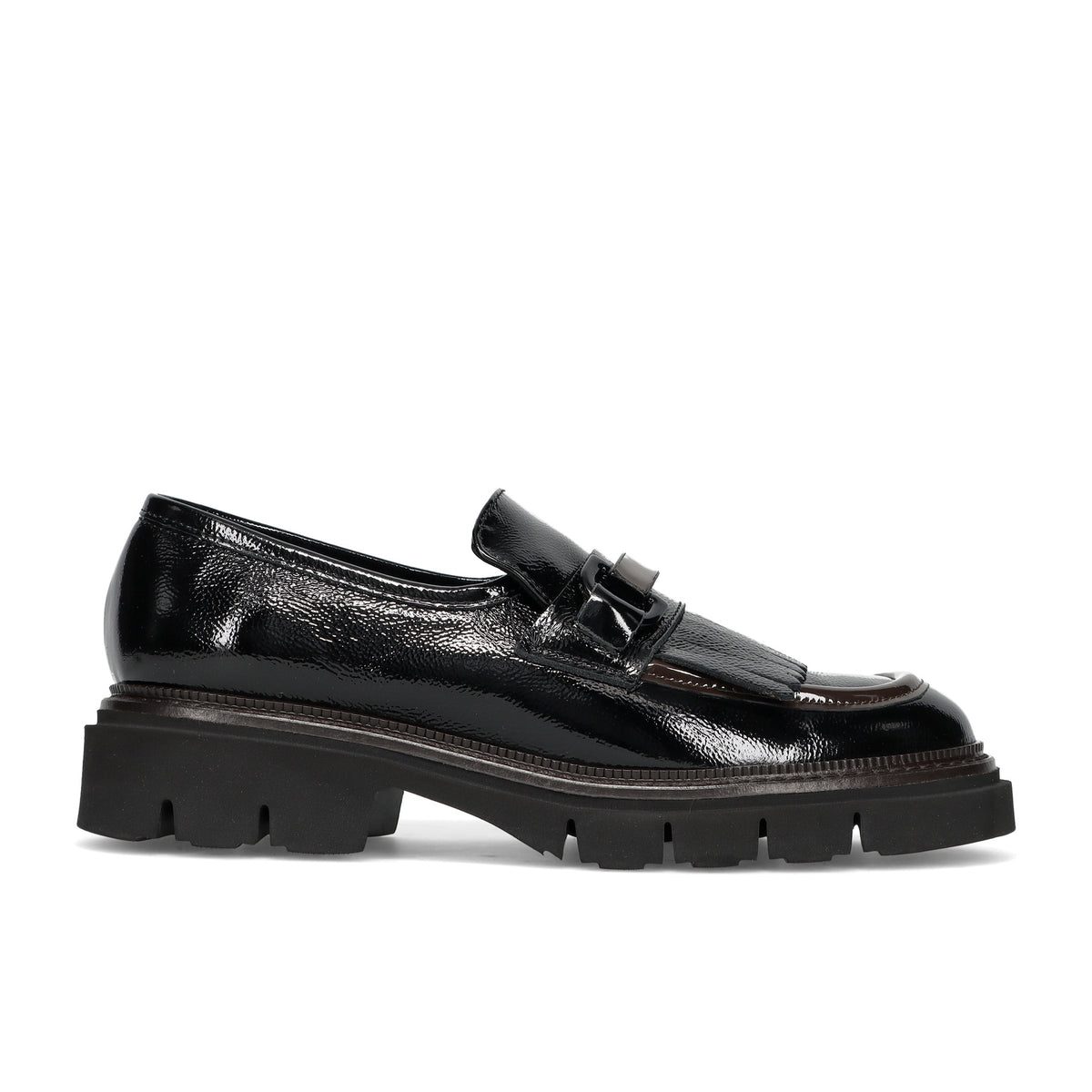 LUCA GROSSI: Women's shoe in black and brown patent leather with fringe and rubber sole