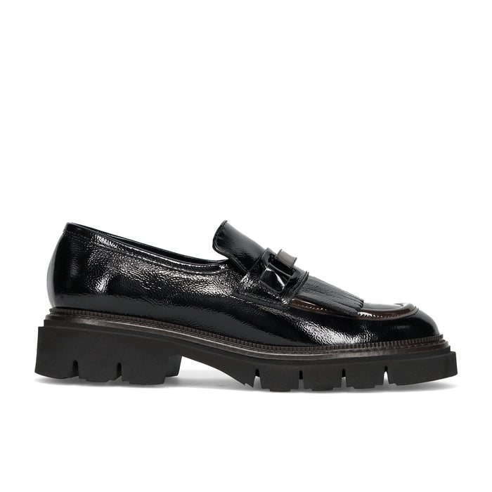 LUCA GROSSI: Damenschuh aus glänzendem schwarzem und braunem Leder mit Fransen und Gummisohle