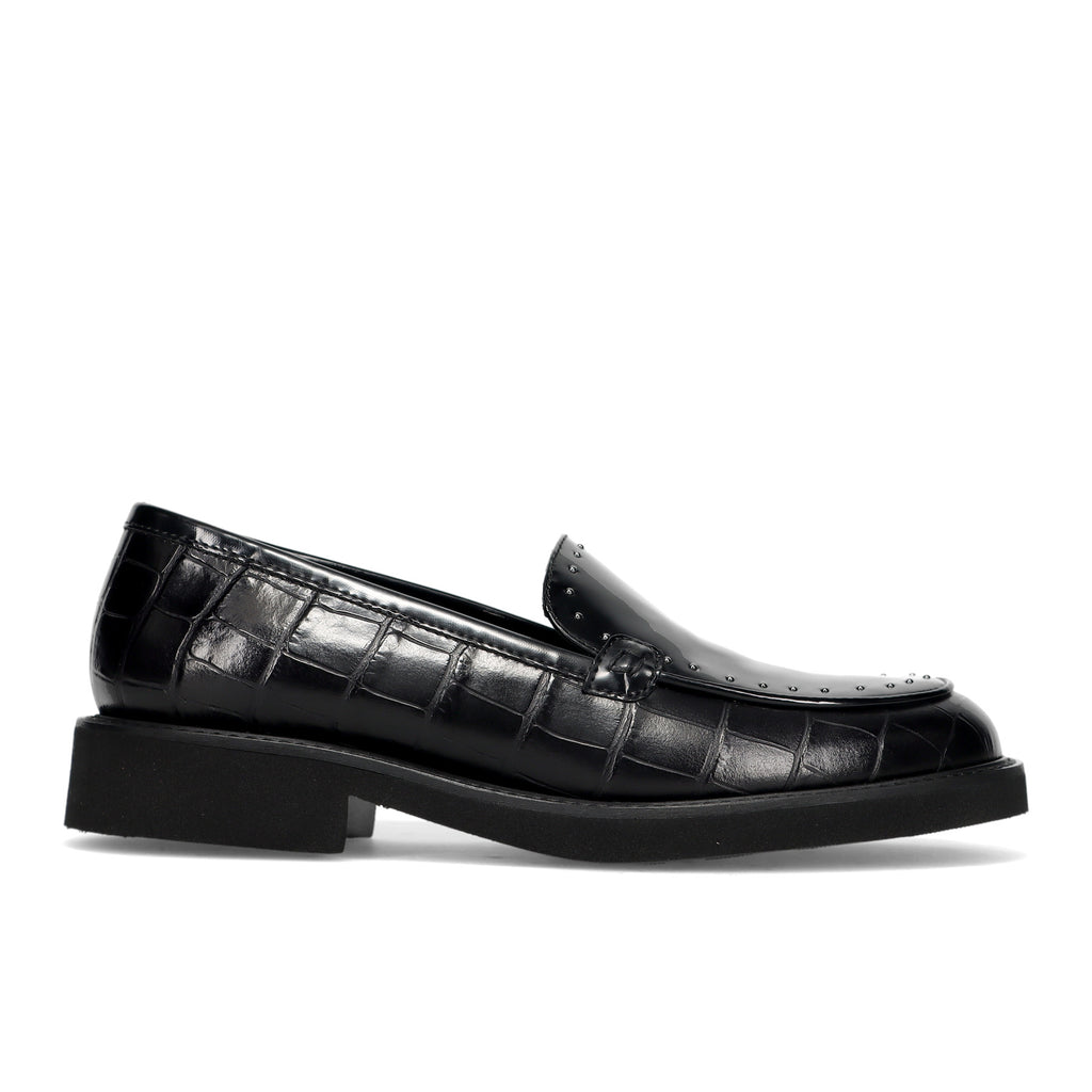 LUCA GROSSI: Damenschuh aus Leder mit schwarzer Krokodilprägung und Mikro-Nieten