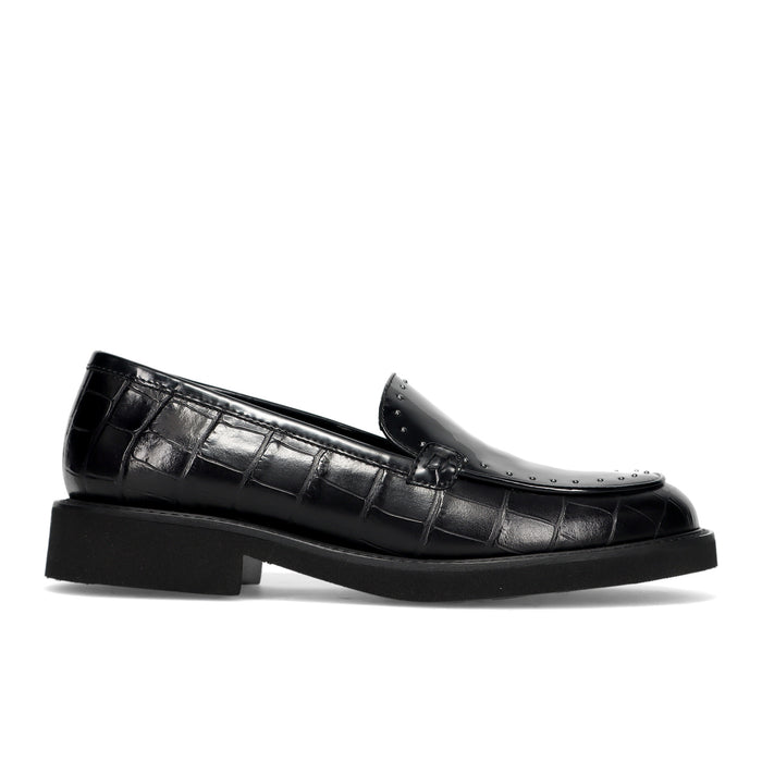 LUCA GROSSI: Damenschuh aus Leder mit schwarzer Krokodilprägung und Mikro-Nieten