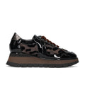 LUCA GROSSI: Chaussure casual pour femme en vernis noir et daim imprimé camouflage avec compensée basse