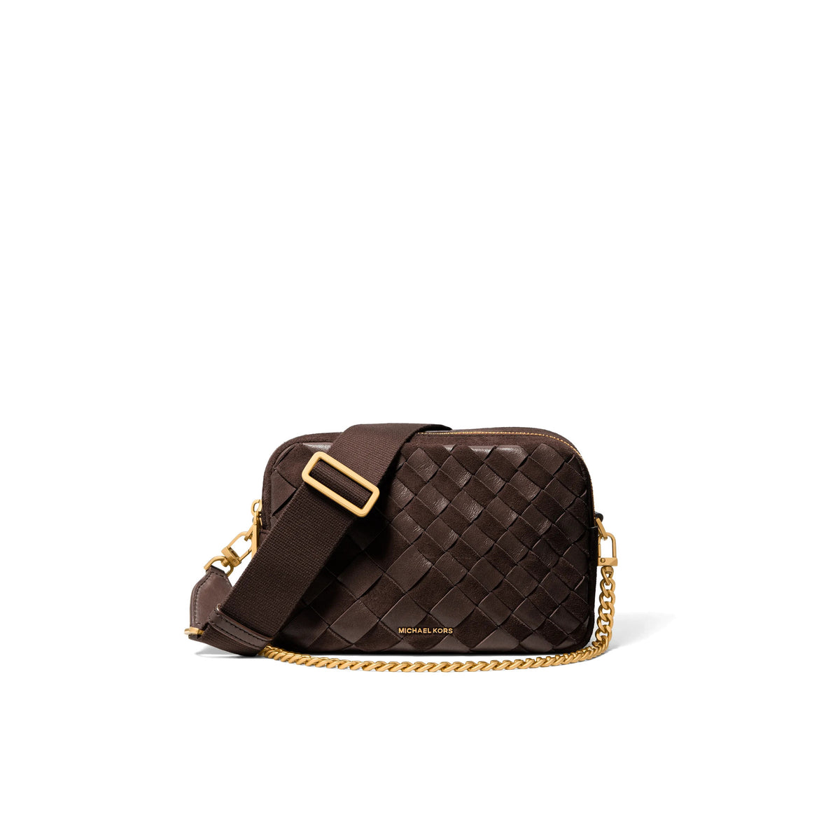 MICHAEL KORS: Schultertasche Bryant medium aus verwebtem Wildleder in Dunkelbraun