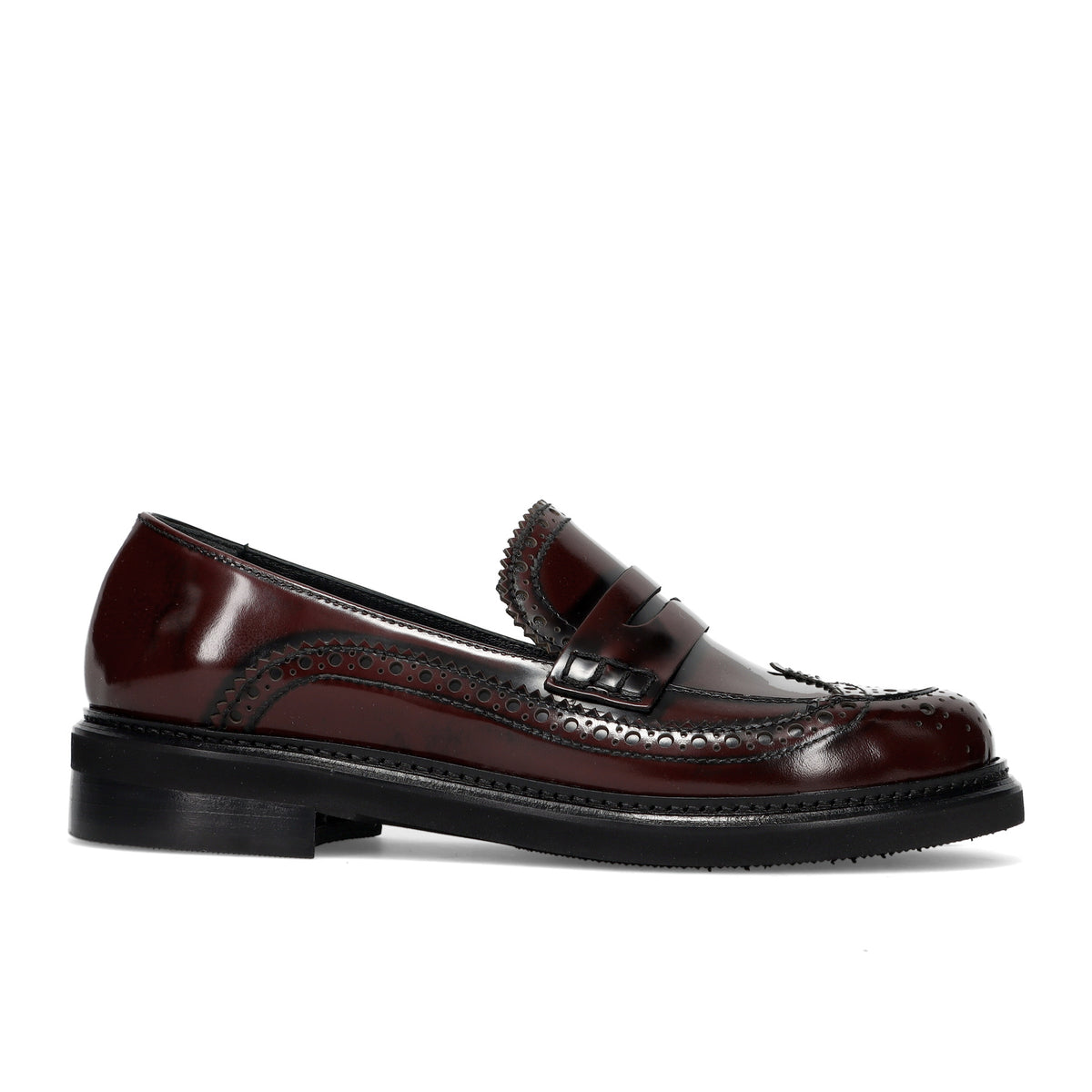 Napoleoni: Mocassin femme Bia en cuir brossé bordeaux avec perforations décoratives