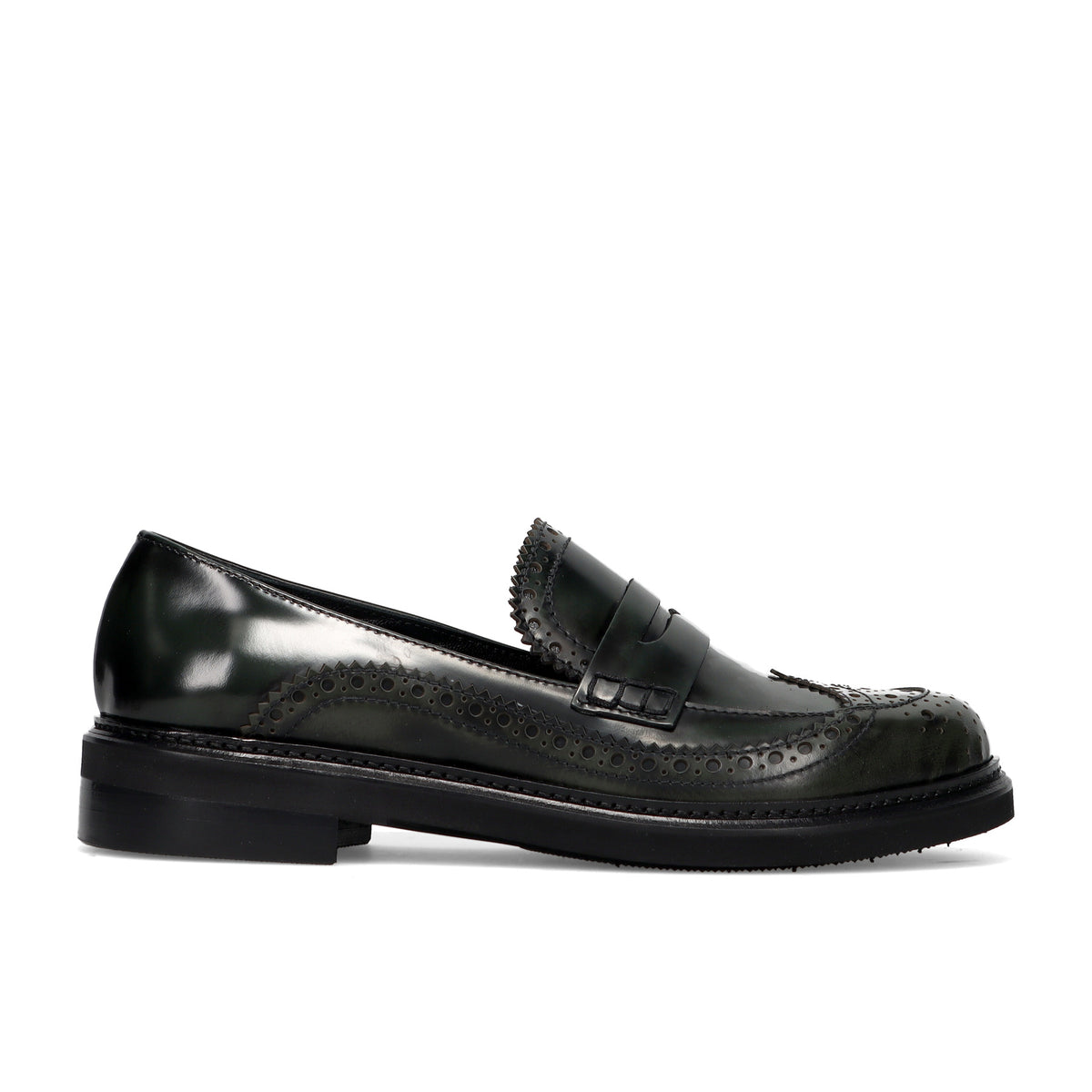 Napoleoni: Mocassin femme Bia en cuir brossé vert avec perforations décoratives