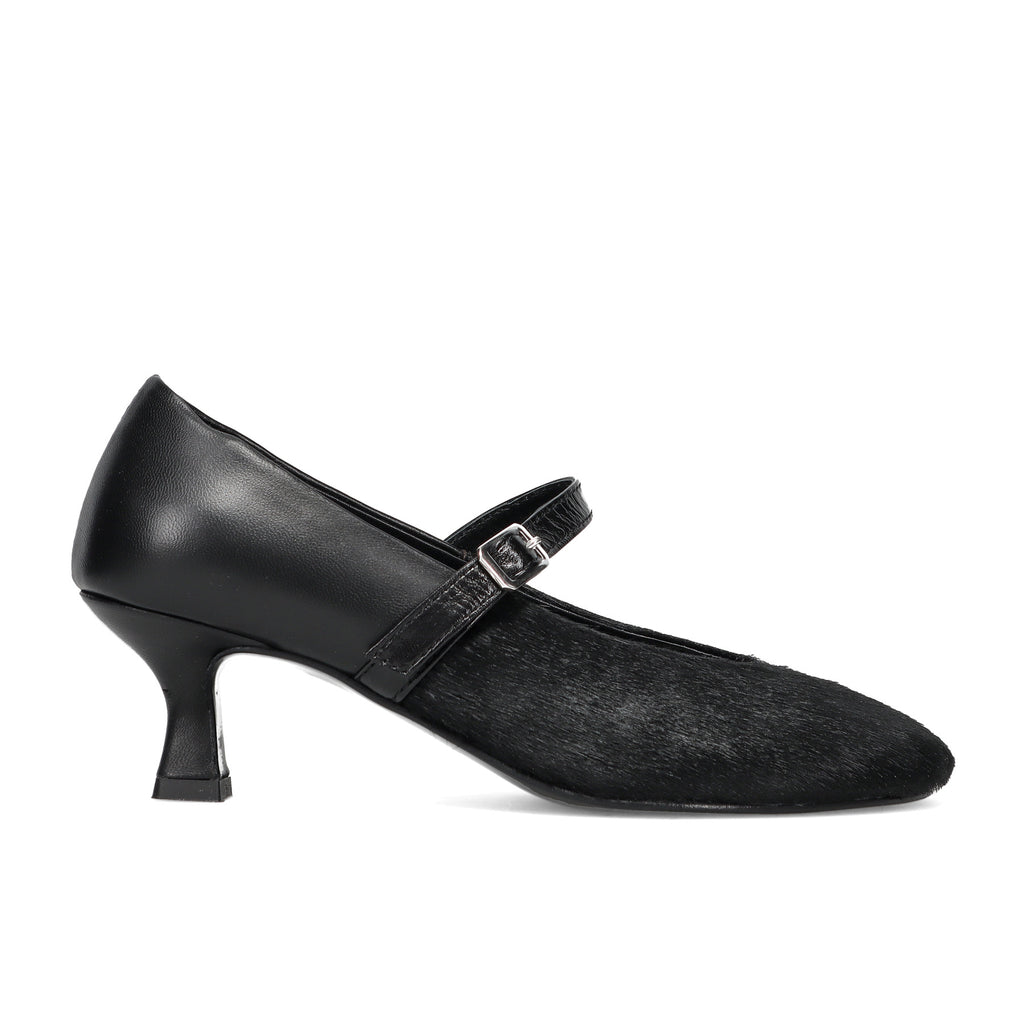 Napoleoni: Women's shoe in soft black nappa leather and pony hair with a comfortable spool heel