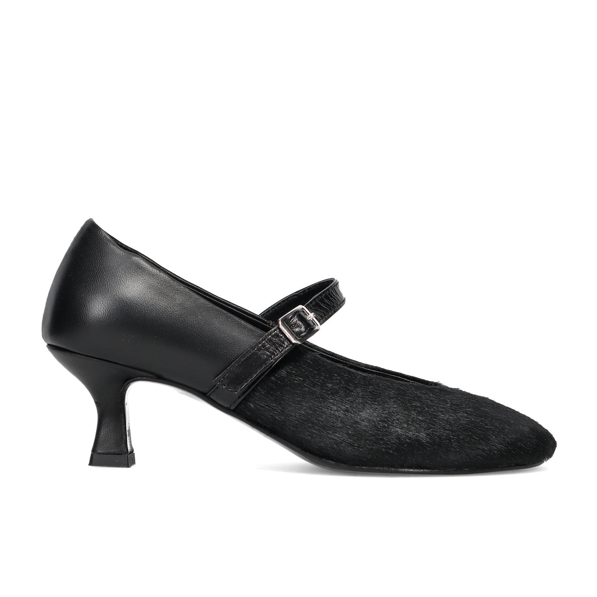 Napoleoni: Women's shoe in soft black nappa leather and pony hair with a comfortable spool heel