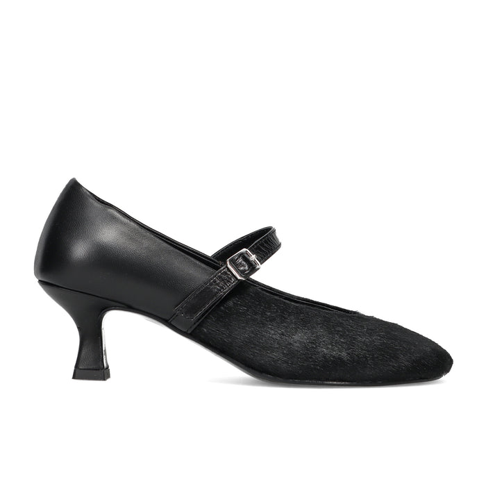 Napoleoni: Women's shoe in soft black nappa leather and pony hair with a comfortable spool heel