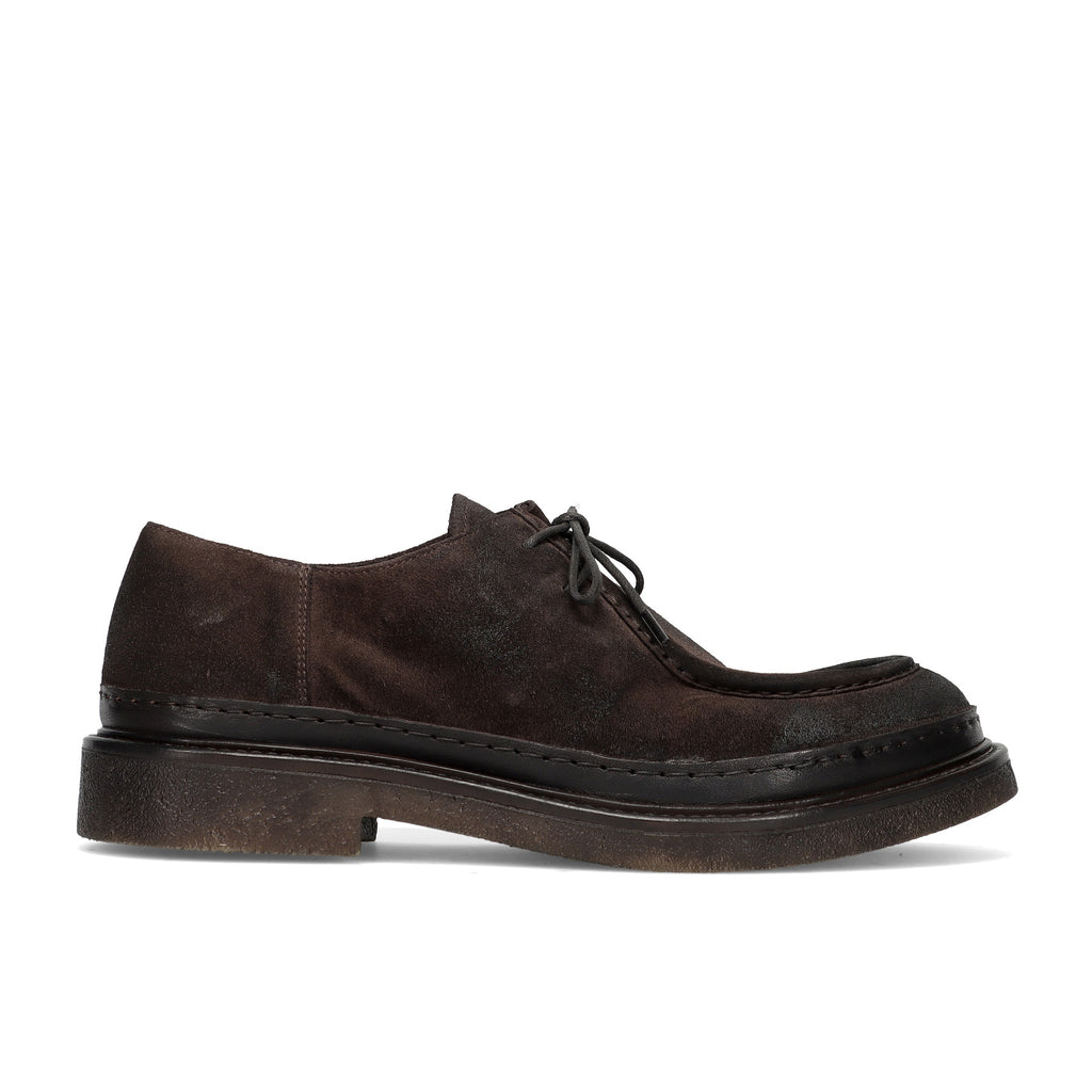 PAWELKS: Men's "engineer" style lace-up shoe in soft dark brown vintage suede leather