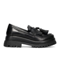 PAWELKS: Mocassin femme en cuir noir avec pompons et semelle maxi