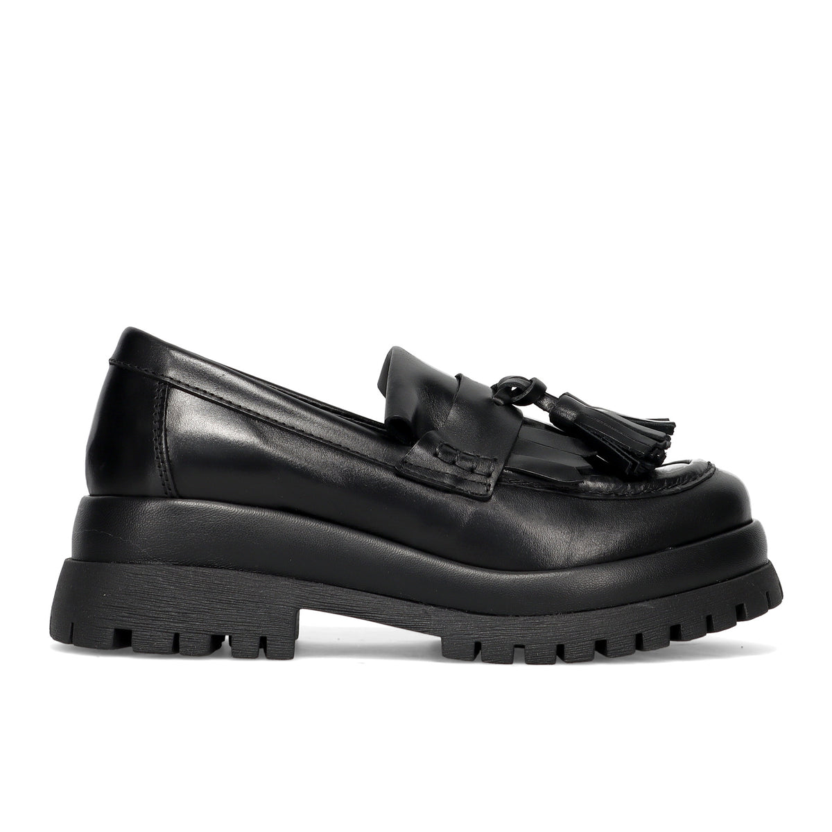 PAWELKS: Mocassin femme en cuir noir avec pompons et semelle maxi
