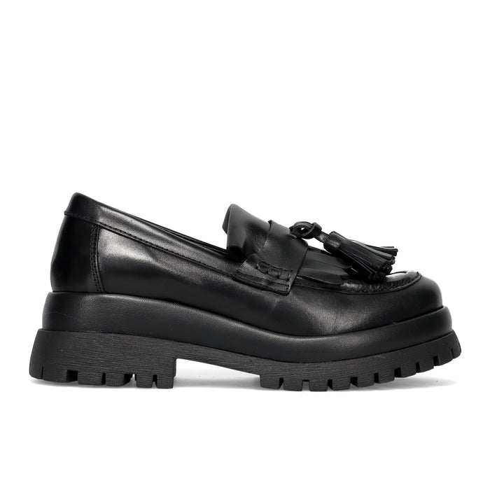 PAWELKS: Mocassin femme en cuir noir avec pompons et semelle maxi