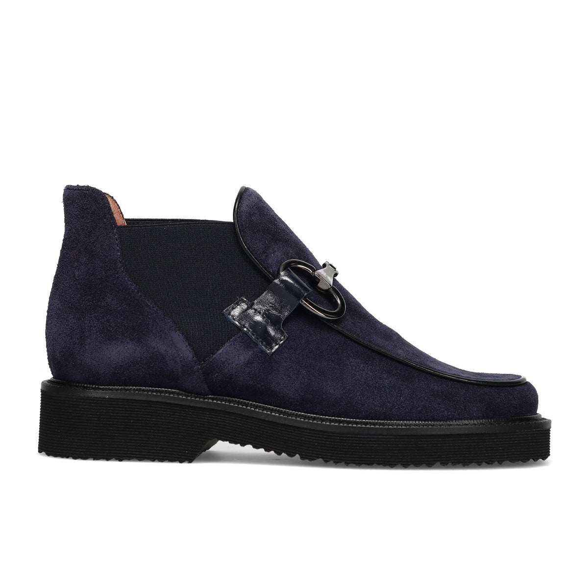 SANGIORGIO: Women's blue rain-suede ankle boot with elastic gussets and horsebit