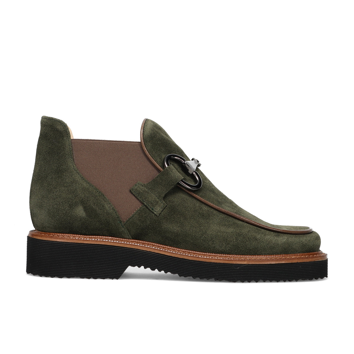 SANGIORGIO: Women's green water-repellent suede ankle boot with elastic panels and horsebit