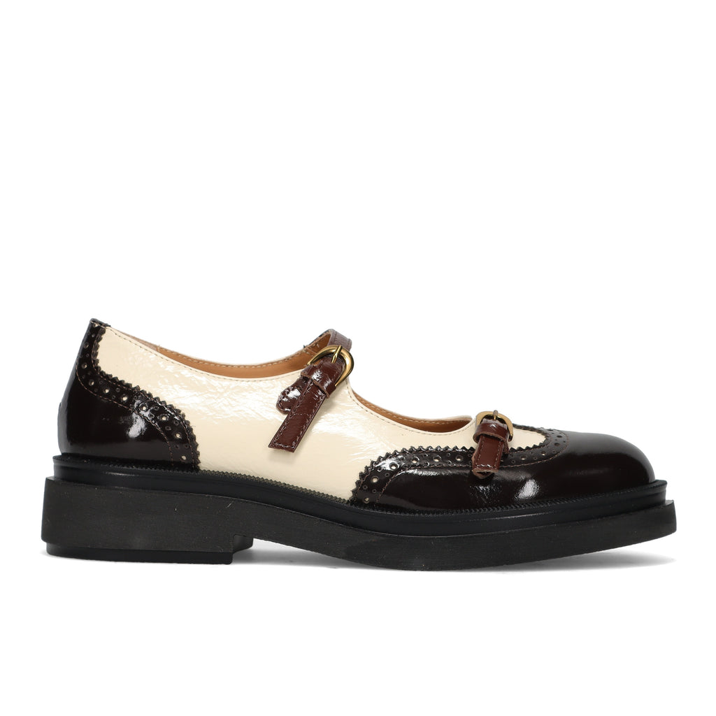 SANGIORGIO: Women's Mary Jane shoes in glossy mahogany brown and ivory leather