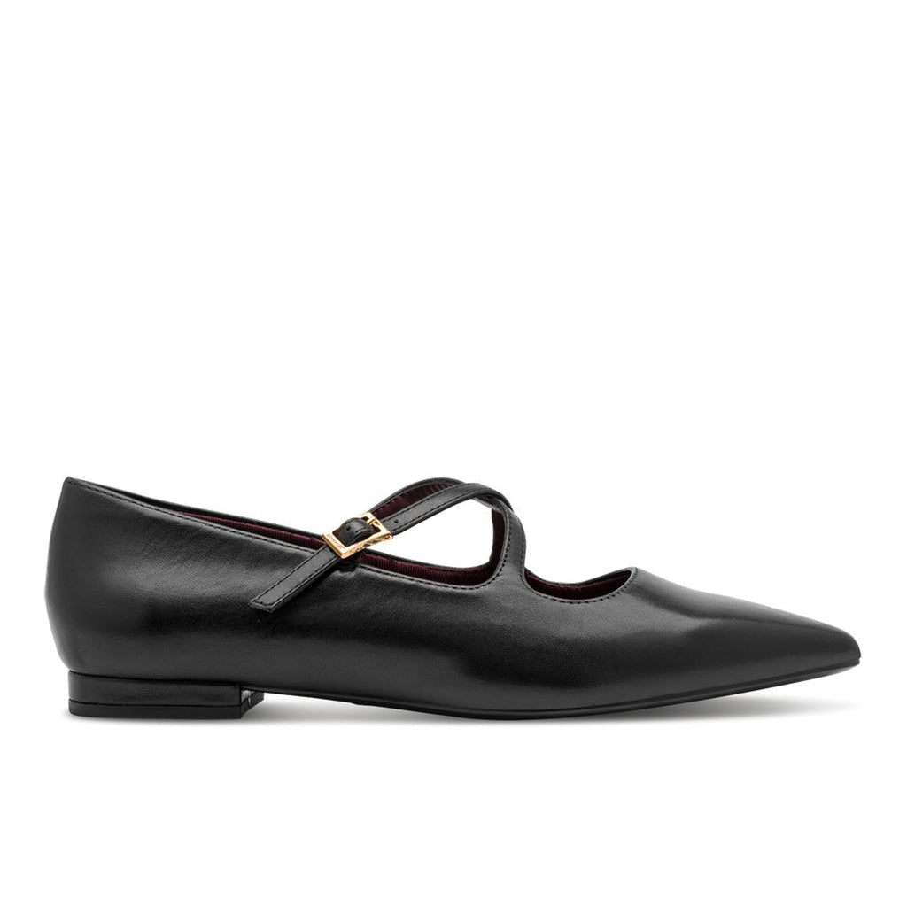 TAMARIS: Zapato plano de punta para mujer en piel negra con tiras cruzadas